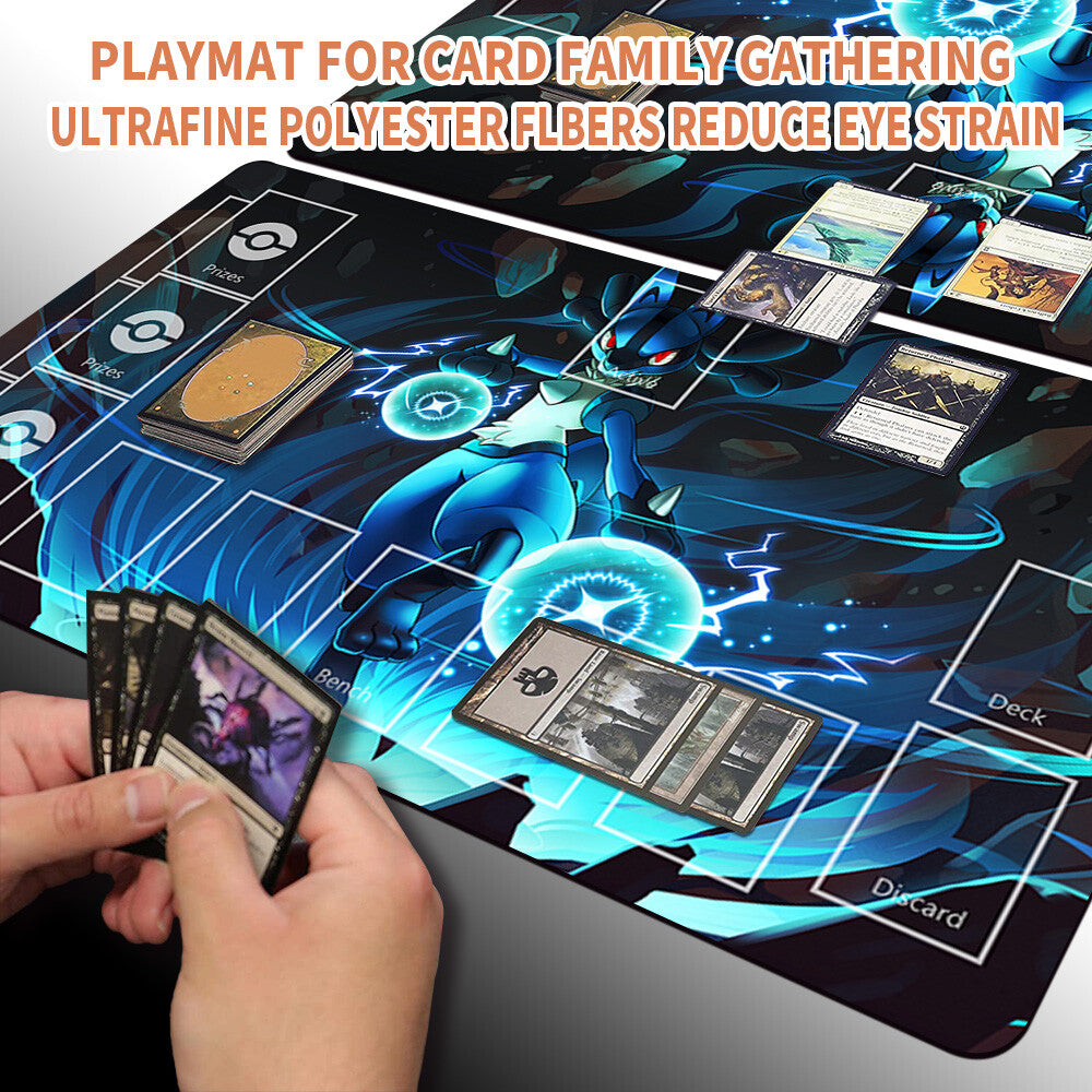 NEW Pokemon Lucario Playmat Stitched Edge with Card Zones Free Bag Rubber Game Playmat Stitched Edge of TCG