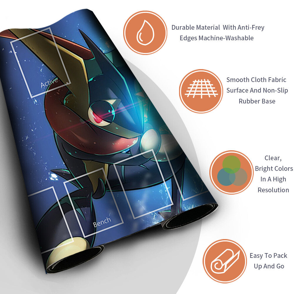 NEW Pokemon Greninja Playmat Stitched Edge with Card Zones Free Bag Rubber Game Playmat Stitched Edge of TCG