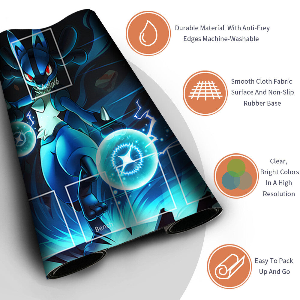 NEW Pokemon Lucario Playmat Stitched Edge with Card Zones Free Bag Rubber Game Playmat Stitched Edge of TCG