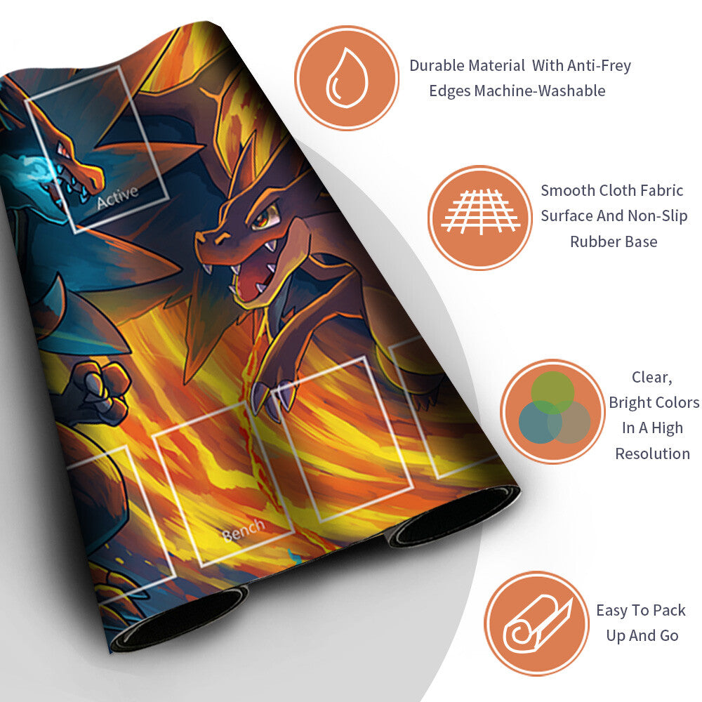 Pokemon Charizard Playmat Stitched Edge With Zones + Free Bag Card Game Playmat Stitched Edge of MTG TCG CCG