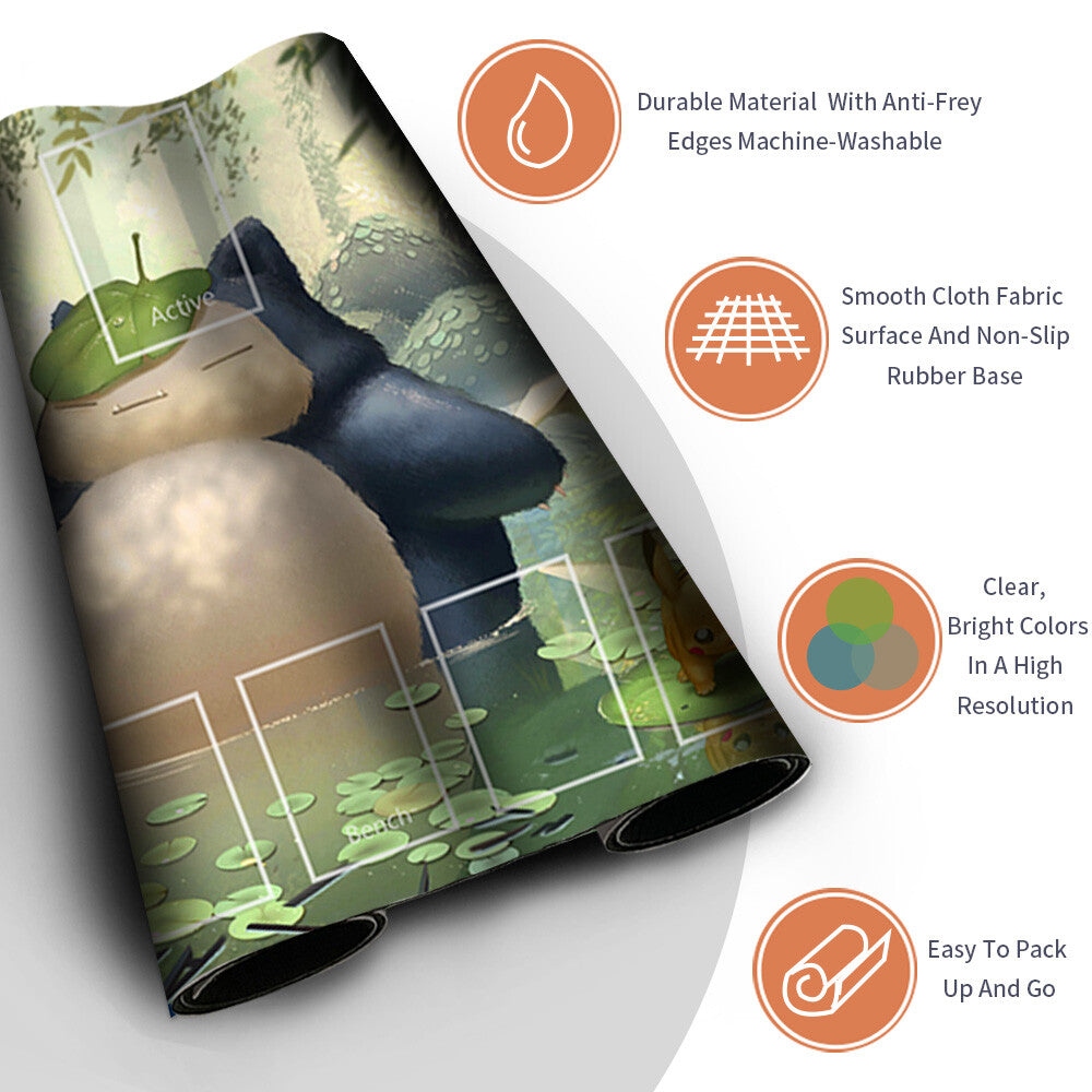 NEW Pokemon Snorlax Playmat Stitched Edge with Card Zones Free Bag Rubber Game Playmat Stitched Edge of TCG