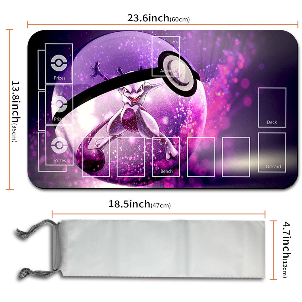 NEW Pokemon Mewtwo Playmat Stitched Edge with Card Zones Free Bag Rubber Game Playmat Stitched Edge of TCG