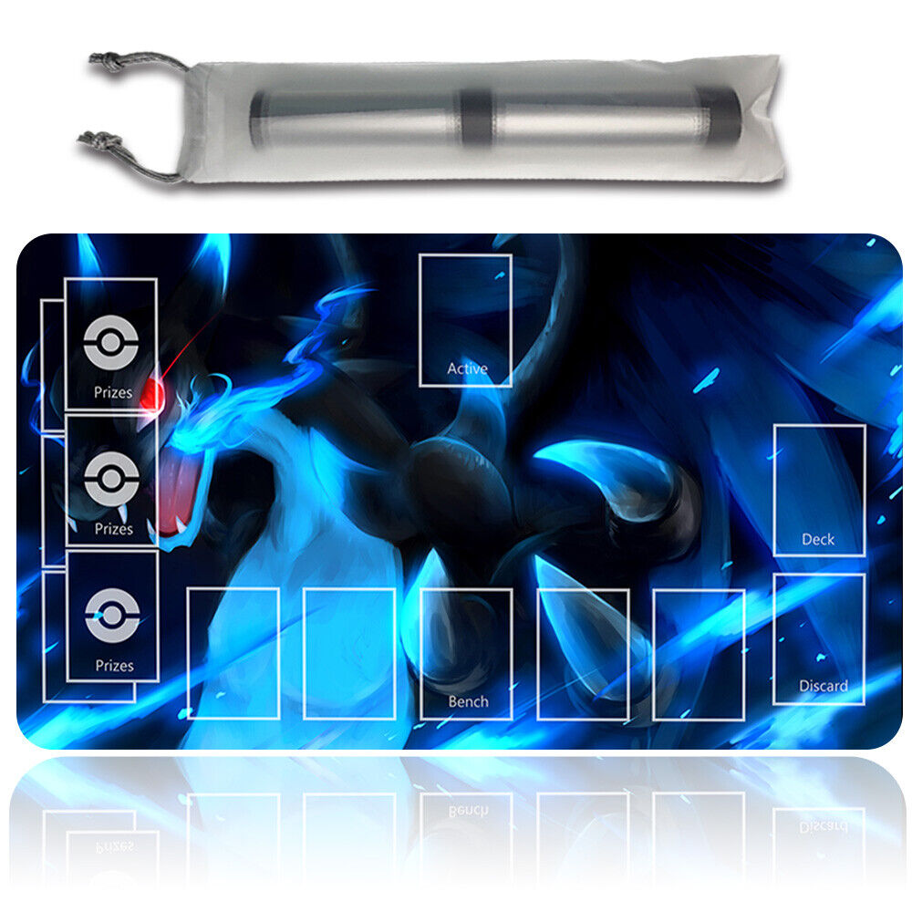 NEW Pokemon Charizard Playmat Stitched Edge with Card Zones Free Bag Rubber Playmat Stitched Edge of TCG