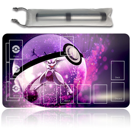 NEW Pokemon Mewtwo Playmat Stitched Edge with Card Zones Free Bag Rubber Game Playmat Stitched Edge of TCG